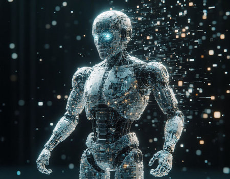 3d rendering cyborg or robot working with data concept on black backgroundの写真素材