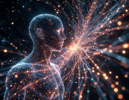 3D rendering of a human head with glowing particles on the background
