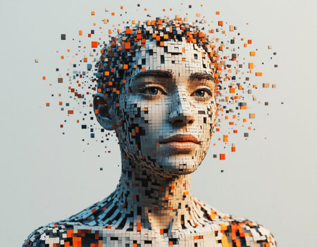 3D rendering of a female cyborg face made out of pixels