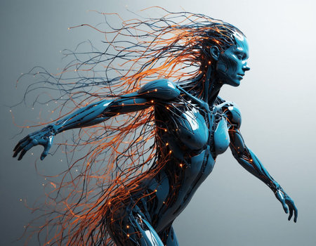 3D rendering of a female cyborg with glowing strands of hair