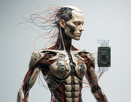 Cyborg with circuit board and microcircuit. 3d rendering