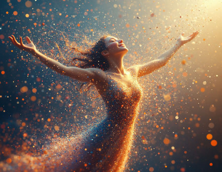Beautiful young woman with flying hair and splashes of water.