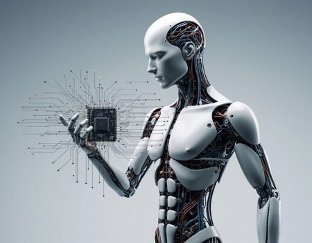 3d rendering of female robot with circuit board in hand on gray background