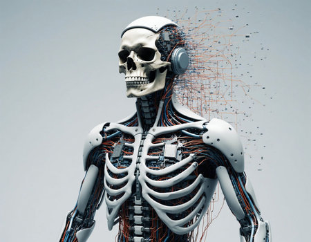 3d rendering of a human skeleton listening to music with headphones.の写真素材