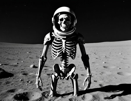 Skeleton in the desert. Black and white photo.の写真素材