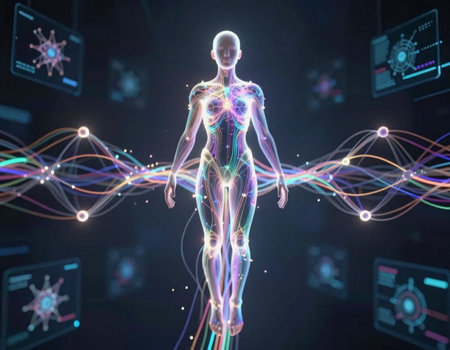 3D rendering of a female figure with a human body and glowing connectionsの写真素材