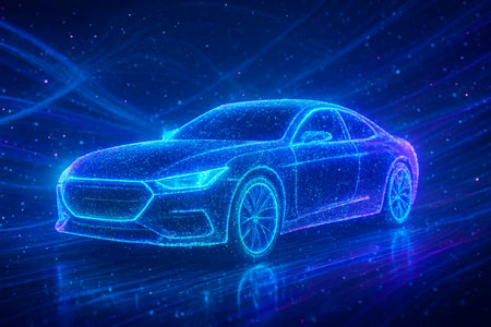 Futuristic car wireframe on blue background. 3d rendering