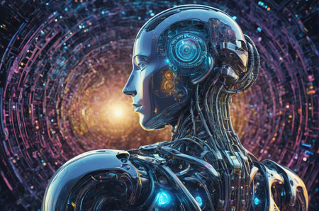 3d rendering humanoid robot or cyborg in space with galaxy backgroundの写真素材