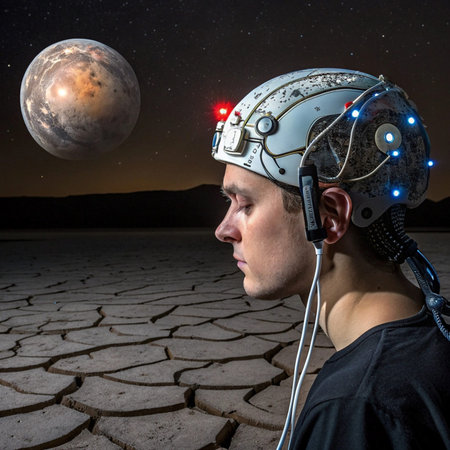 Astronaut looks at the moon in the night sky. 3d rendering
