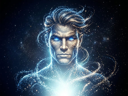 Futuristic man in space. 3d rendering toned image