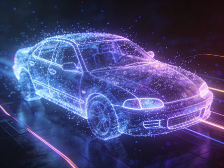 3D rendering of abstract car with glowing particles on dark background.