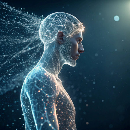 3D rendering of a female cyborg with digital brain on dark background
