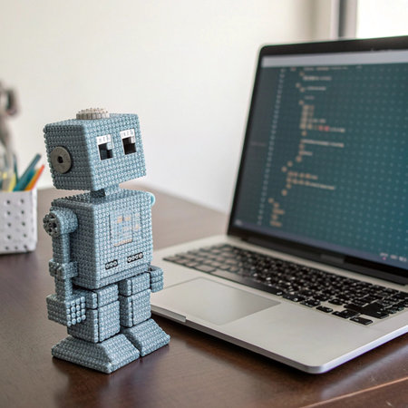 Cute toy robot sitting on a table with a laptop in the background