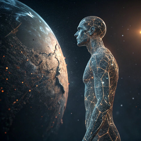 3D rendering of a male figure in space with planets and stars