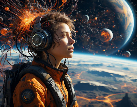 Exploring outer space. Portrait of young woman in spacesuit and headphones.