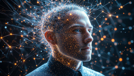 Futuristic man with glowing polygonal head. 3D renderingの写真素材