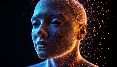 3D Illustration of a Human Face with Digital Particles.