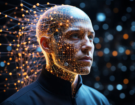 Double exposure of human face and network connection on dark background. 3D rendering