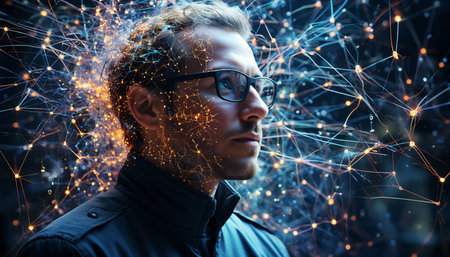 Portrait of young man in glasses with glowing network connection on dark background