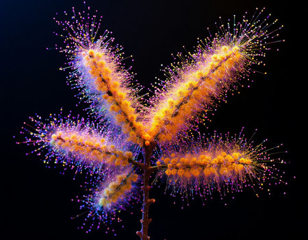 colorful fluffy flower on black background, close-up, macro
