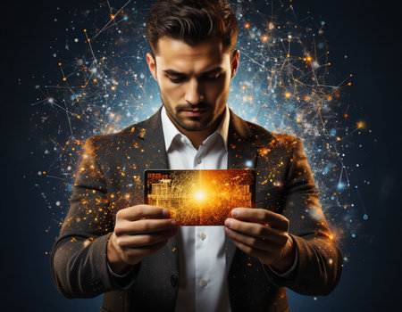 Businessman holding credit card with glowing connection lines and dots concept on background