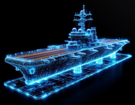 3d rendering of a multi-colored aircraft carrier on a black background