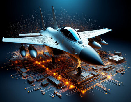 3d illustration of a fighter jet in abstract background with circuit board