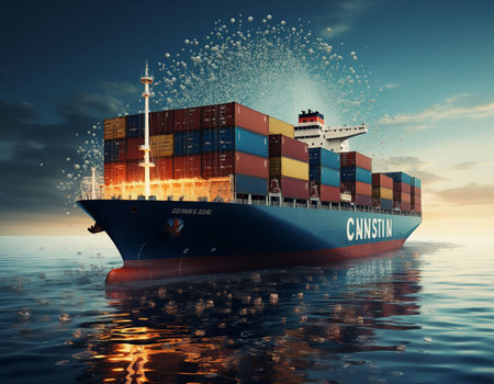 Container ship in the sea with sky background. 3d illustration.