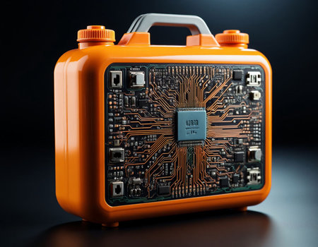 Modern orange computer circuit board on black background. Close-up.