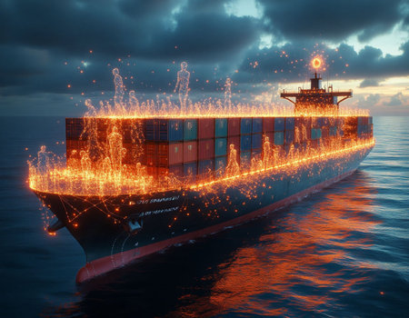 Cargo ship with fire effect on the background of the sea.