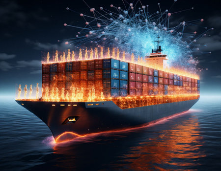 Contemporary art collage of a large container ship sailing in the sea.
