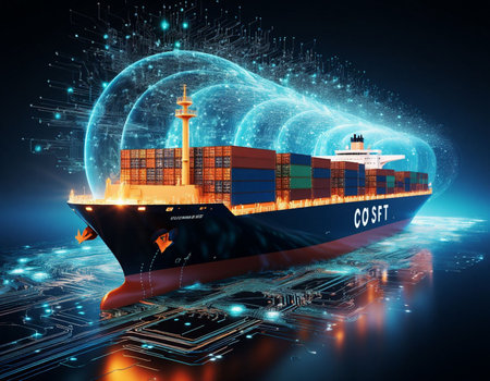 Cargo ship in digital world. Logistics and transportation concept.