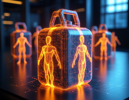 3D rendering of a hologram of a suitcase with a human figure inside