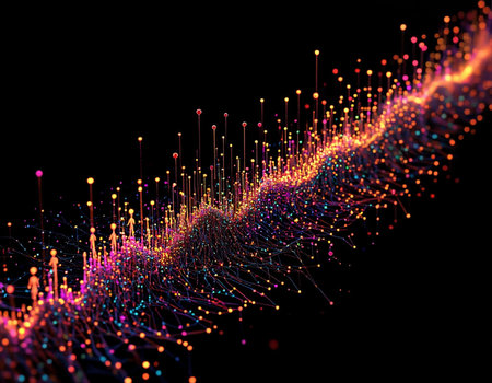 Abstract 3d rendering of colorful particles. Futuristic background with dynamic waves.