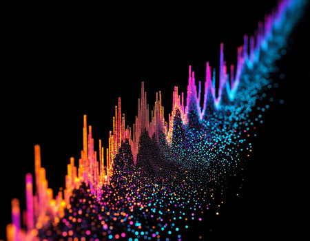 abstract 3d illustration of colorful glowing particles and lines on black background