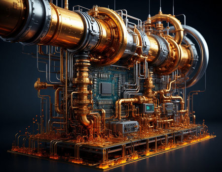 3d render of industrial equipment on a dark background with lights and reflections