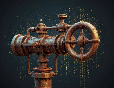 3d rendering of industrial pipes and valves on dark background with particles