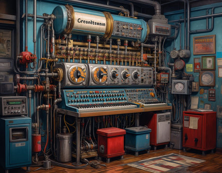 Vintage electric equipment in the interior of an old power plant.