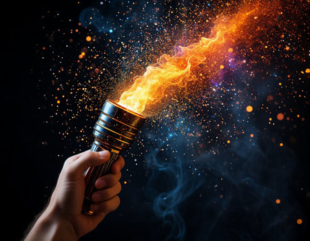 Close up of human hand holding torch with fire flames on dark background