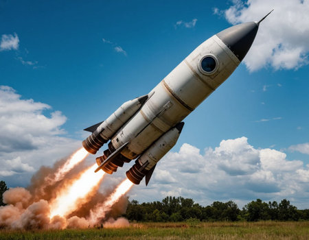 A vertical low angle shot of a space rocket taking off into the sky