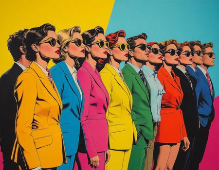 Group of business people in suits and sunglasses. Pop art style.