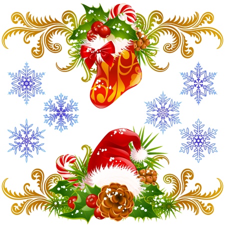 Christmas design elements set 4. Stocking, Santa hat and candy caneのイラスト素材