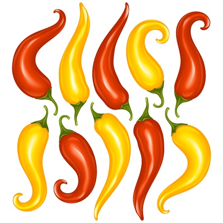Vector Hot chilli pepper set isolated on white background. Red and yellowのイラスト素材