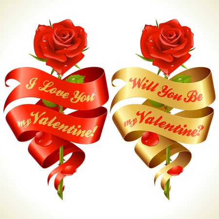 Ribbon banners in the shape of heart and red rose. Valentine's Day Card.のイラスト素材
