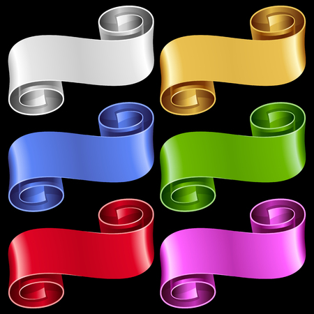 Vector ribbon frames set. White, blue, red, golden, green and purple banners isolated on black backgroundのイラスト素材