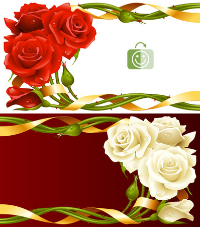 Vector horizontal frame set of red and white roses intertwined with a golden ribbonのイラスト素材