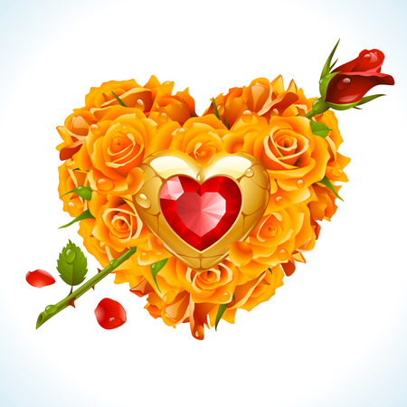 Vector yellow Roses, golden jewel and red crystal in the shape of heart with flower arrowのイラスト素材