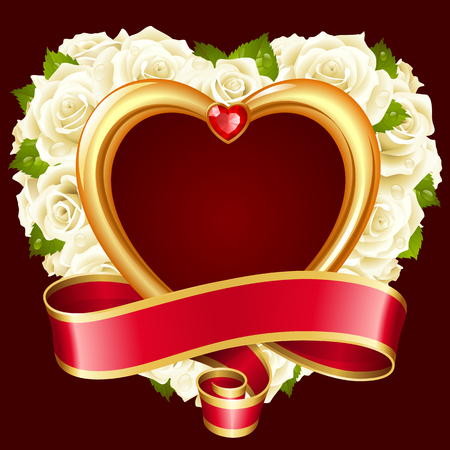 Vector rose frame in the shape of heart. White flowers, ribbon, golden border and red diamondのイラスト素材