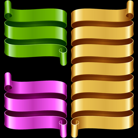 ribbon frames set. Green, purple and yellow banners isolated on black backgroundのイラスト素材