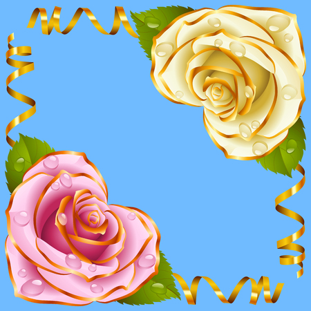 Corner vignette from the Rose Heart and Swirl Ribbons. Pink and White Flowers with Gold Trim and Golden Streamers. Valentines Day, Wedding celebration or Romantic Lovely Design isolated on blue background. Vector Illustration.のイラスト素材